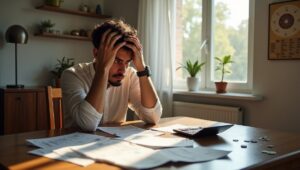 flux dev a realistic indoor scene showing a worried person sit 0